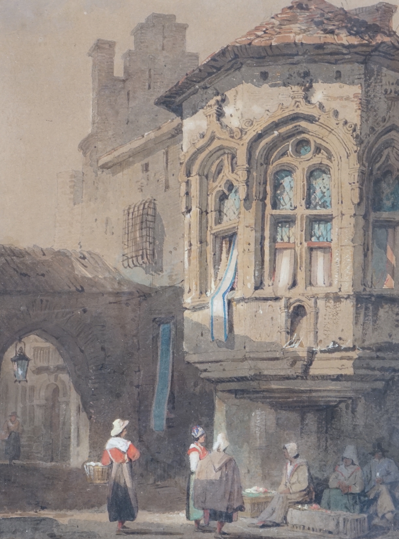 Attributed to Samuel Prout (1783-1852), watercolour, Bruges, unsigned, together with, Arthur Glennie RWS (1803-1890), watercolour, Licenza, Abbott & Holder label verso, largest 26.5 x 19.5cm